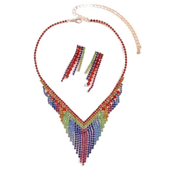 Colorful Rhinestone Earrings and Necklace Matching Set - Picture 3 of 9